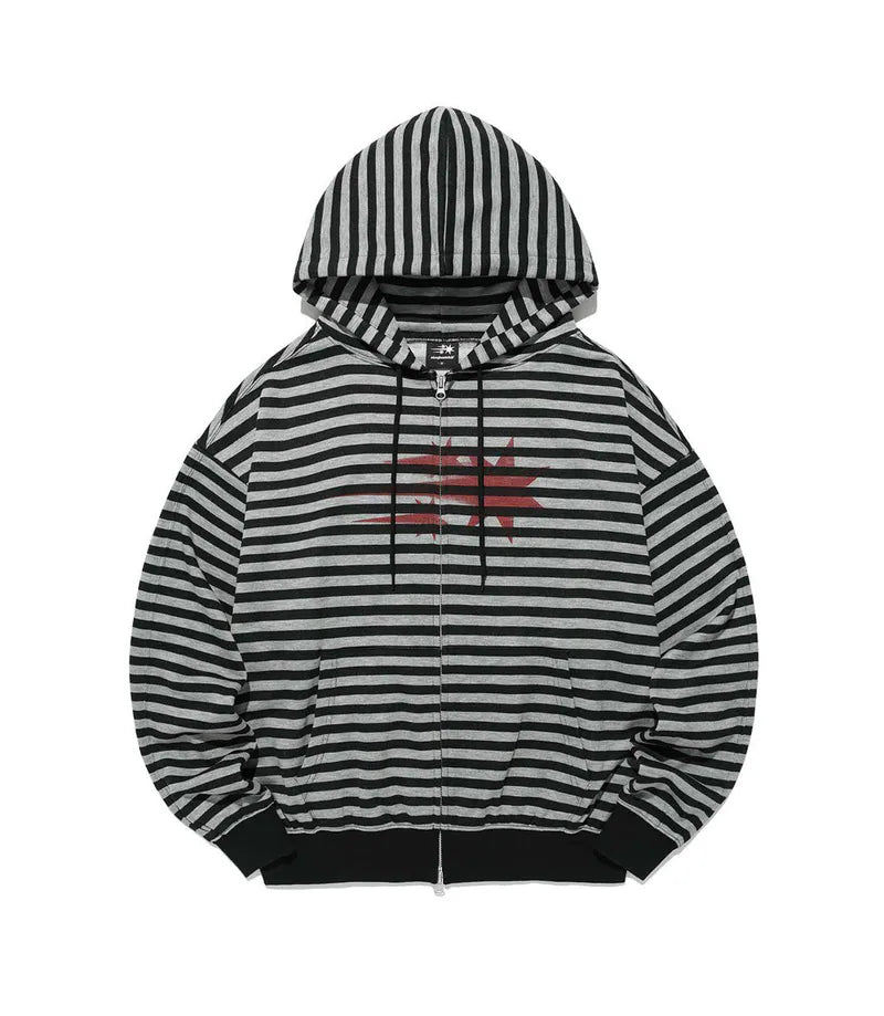 【niceghostclub】STRIPE RUSH 3STAR HOODIE ZIP UP [ GREY / BLACK ]