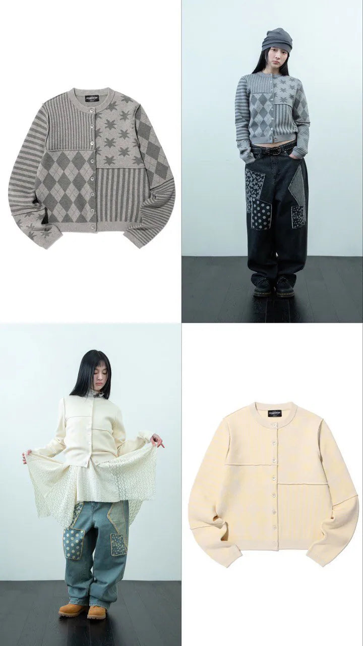 【niceghostclub】PATCHWORK KNIT CARDIGAN [GREY / BEIGE]