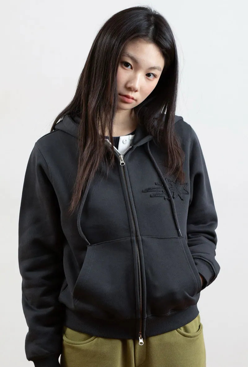 【niceghostclub】3STAR CROP HOODIE ZIP UP [CHARCOAL / PURPLE]
