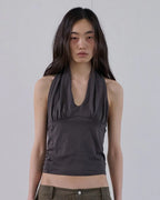 【ORDES】BUTTONED COWL HALTER TOP - GREY / CHARCOAL