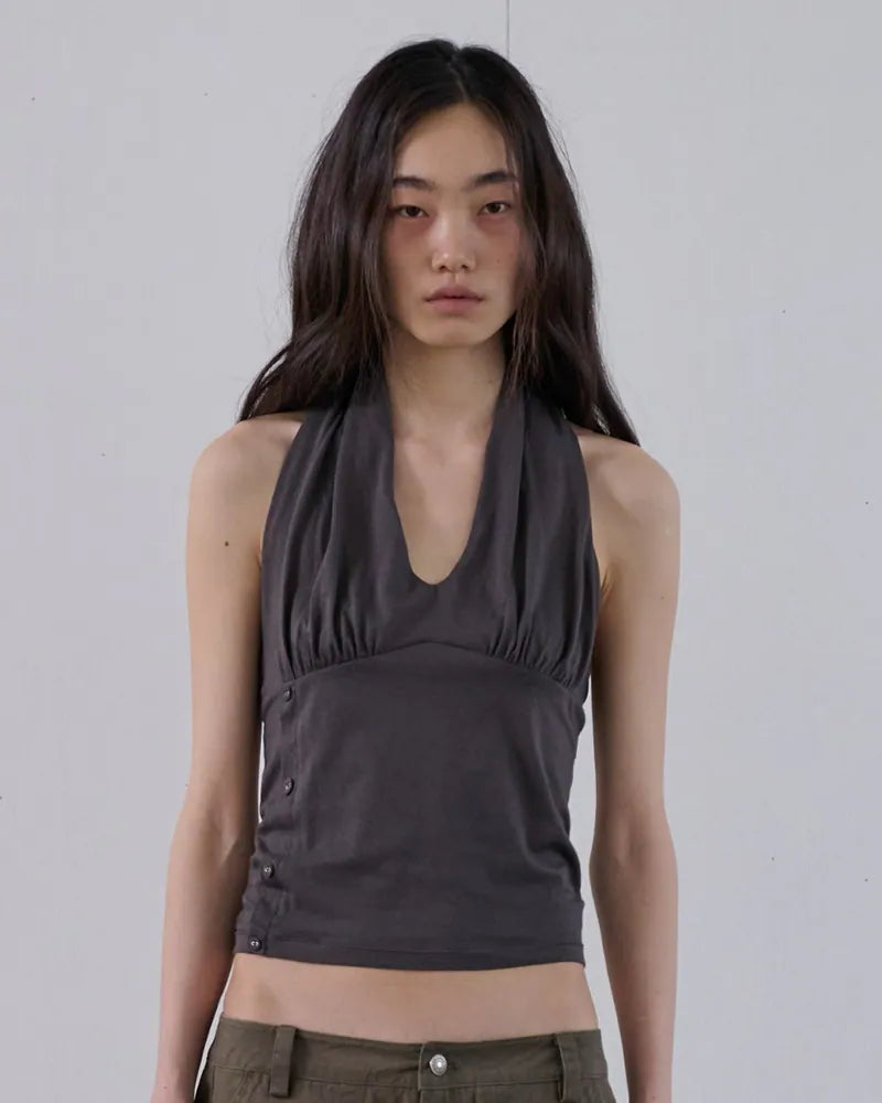 【ORDES】BUTTONED COWL HALTER TOP - GREY / CHARCOAL