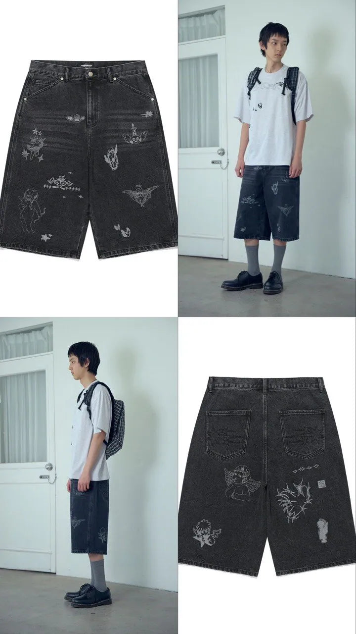 【niceghostclub】 big wide bermuda doodle denim pants [ blue / black ]
