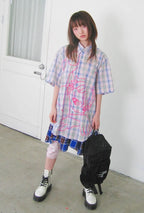 【niceghostclub】angel check big big half shirt [ blue / pink ]