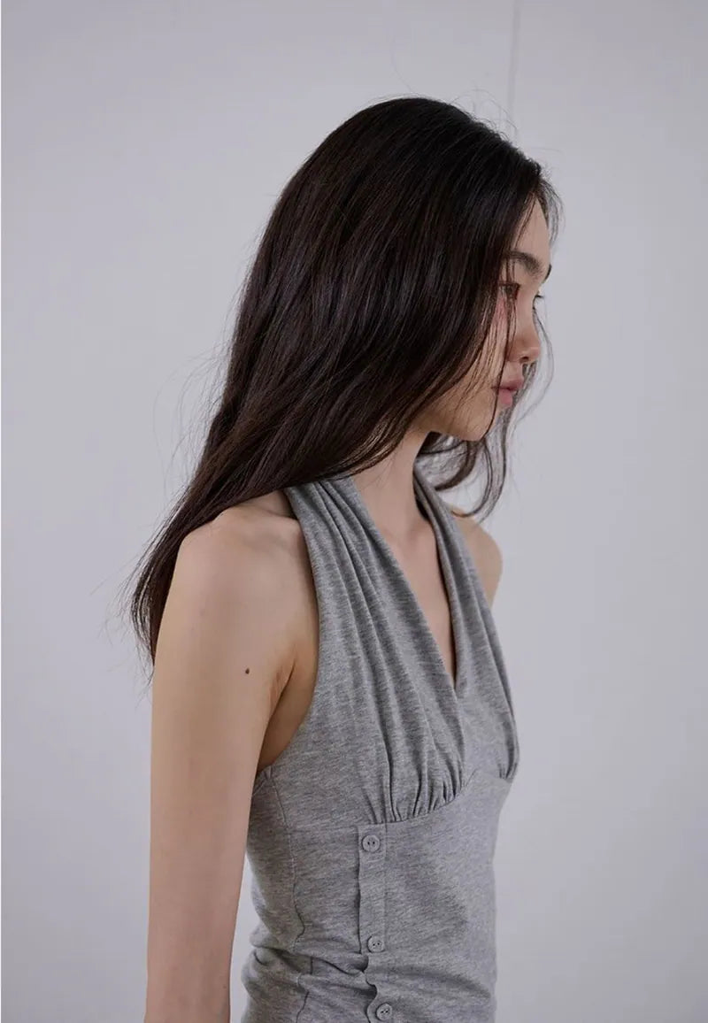 【ORDES】BUTTONED COWL HALTER TOP - GREY / CHARCOAL