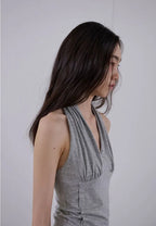 【ORDES】BUTTONED COWL HALTER TOP - GREY / CHARCOAL