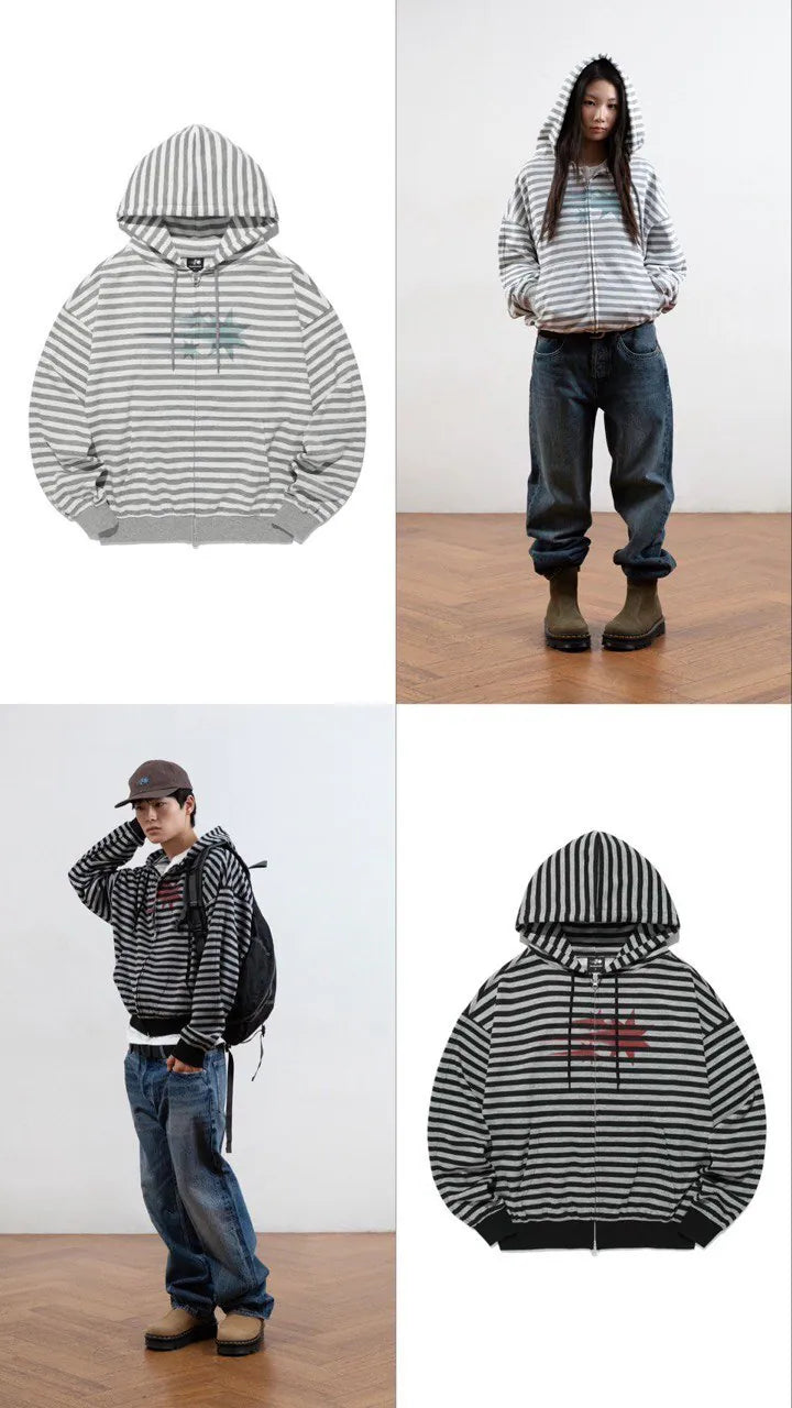 【niceghostclub】STRIPE RUSH 3STAR HOODIE ZIP UP [ GREY / BLACK ]