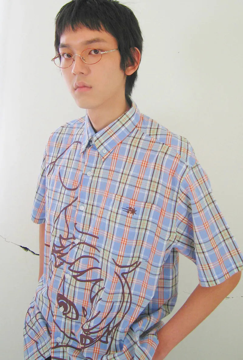 【niceghostclub】angel check big big half shirt [ blue / pink ]