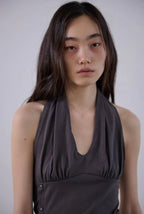 【ORDES】BUTTONED COWL HALTER TOP - GREY / CHARCOAL
