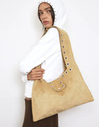 【Polysooem】EYELET SUEDE SHOULDER BAG [ YELLOW BROWN / PINK ]