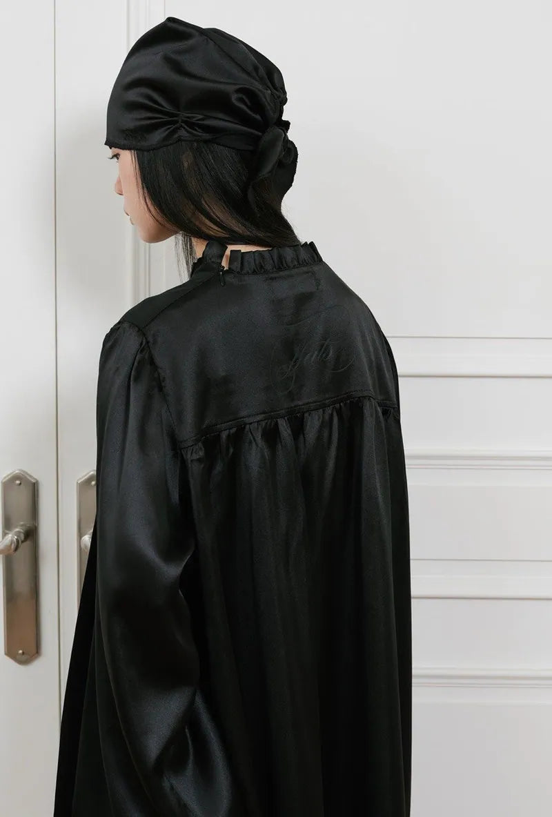 【niceghostclub】FFATS PLEATED PUFF SATIN DRESS [ BLACK ]