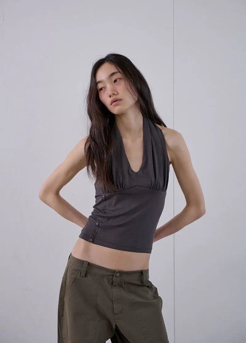 【ORDES】BUTTONED COWL HALTER TOP - GREY / CHARCOAL