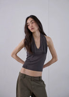 【ORDES】BUTTONED COWL HALTER TOP - GREY / CHARCOAL