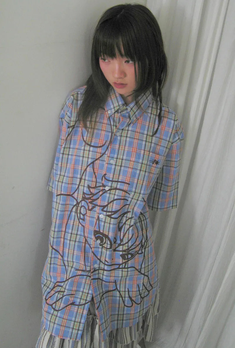 【niceghostclub】angel check big big half shirt [ blue / pink ]