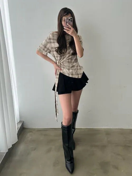 格紋不對稱蝴蝶結上衣