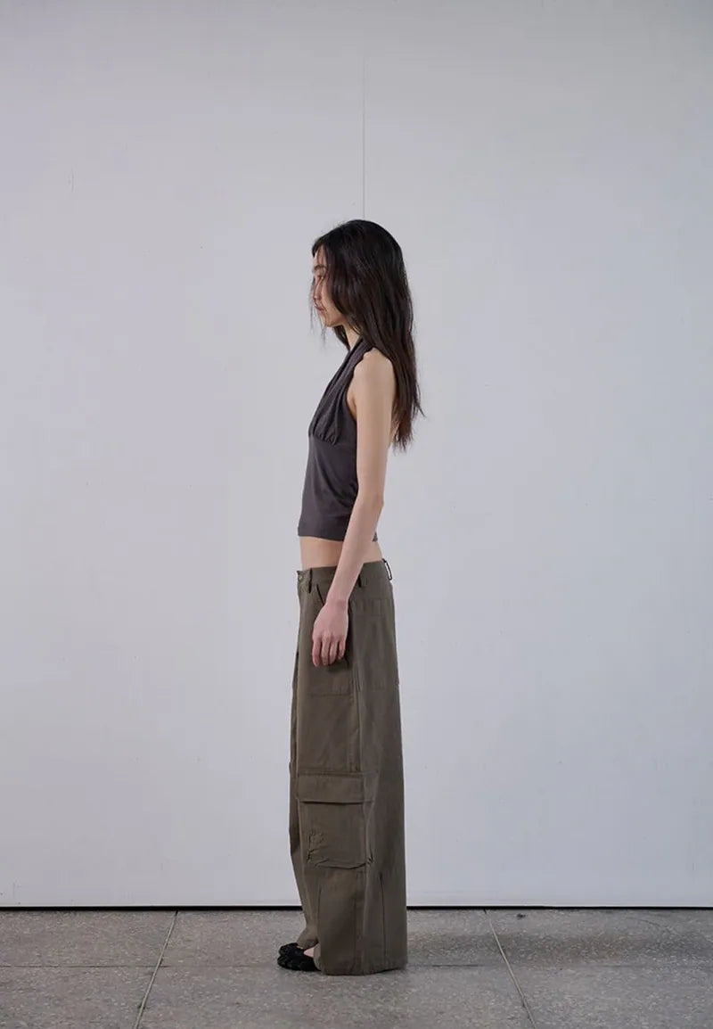 【ORDES】BUTTONED COWL HALTER TOP - GREY / CHARCOAL
