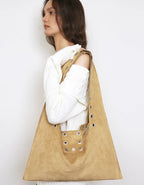 【Polysooem】EYELET SUEDE SHOULDER BAG [ YELLOW BROWN / PINK ]