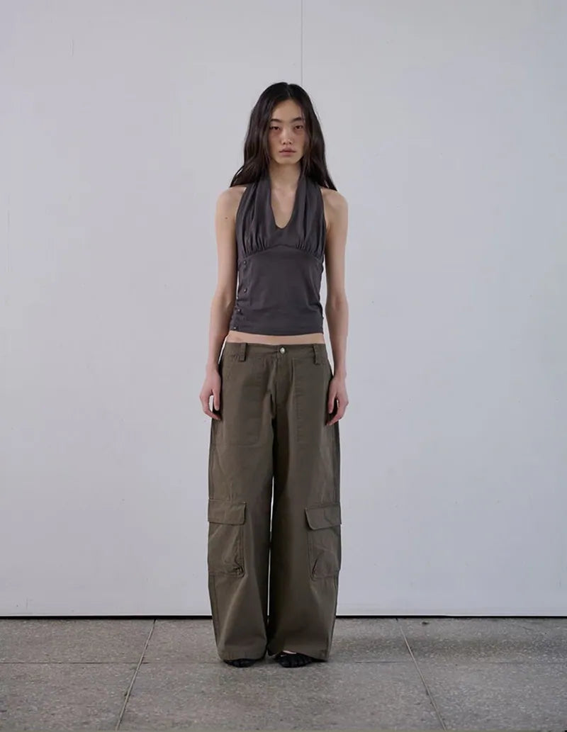 【ORDES】BUTTONED COWL HALTER TOP - GREY / CHARCOAL