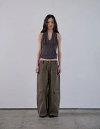 【ORDES】BUTTONED COWL HALTER TOP - GREY / CHARCOAL