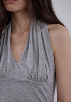 【ORDES】BUTTONED COWL HALTER TOP - GREY / CHARCOAL