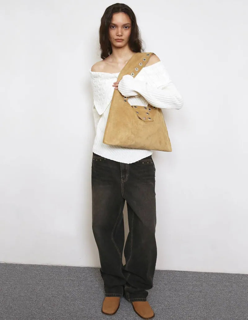 【Polysooem】EYELET SUEDE SHOULDER BAG [ YELLOW BROWN / PINK ]
