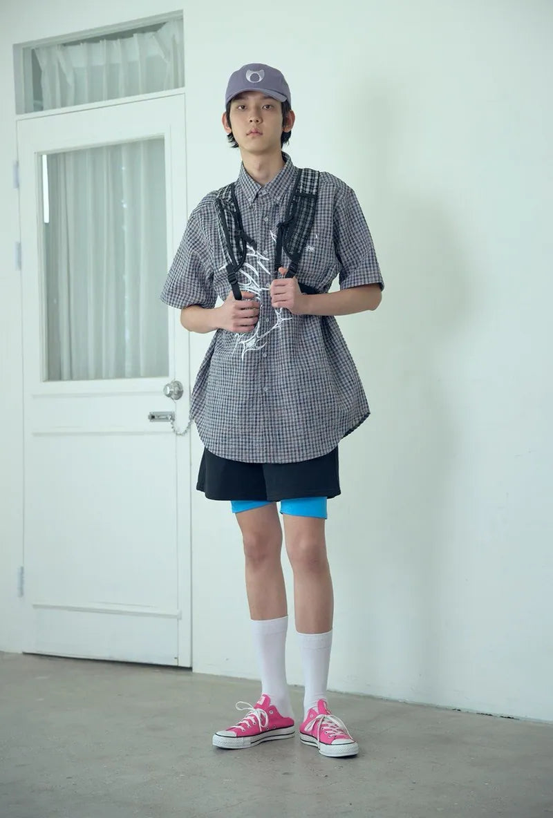 【niceghostclub】tornado star check big big half shirt [ grey / brown ]