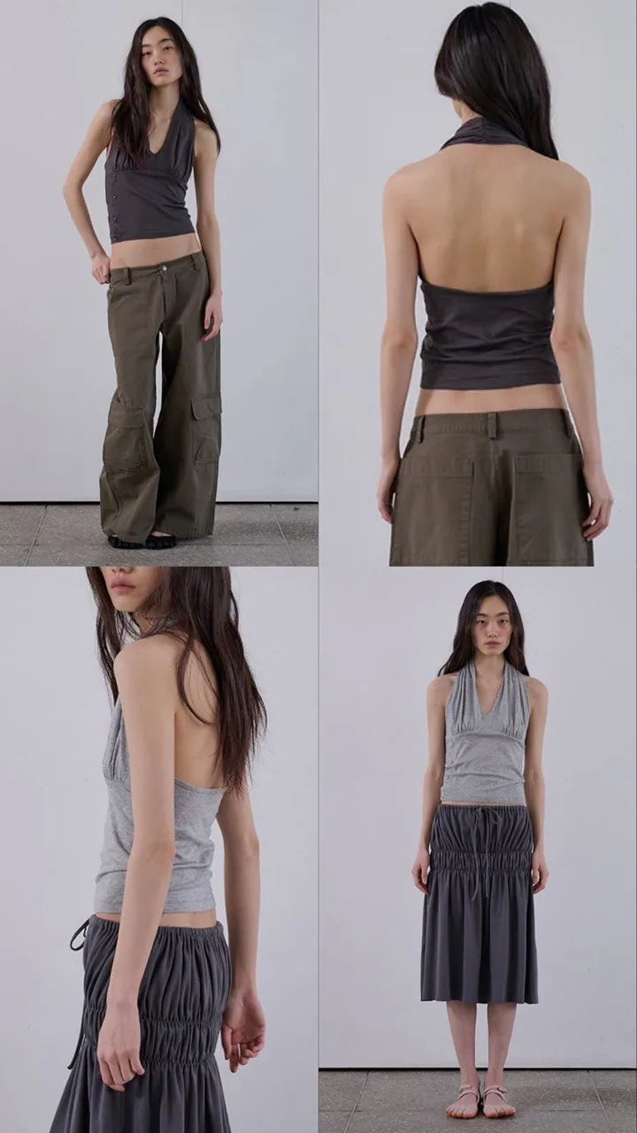 【ORDES】BUTTONED COWL HALTER TOP - GREY / CHARCOAL