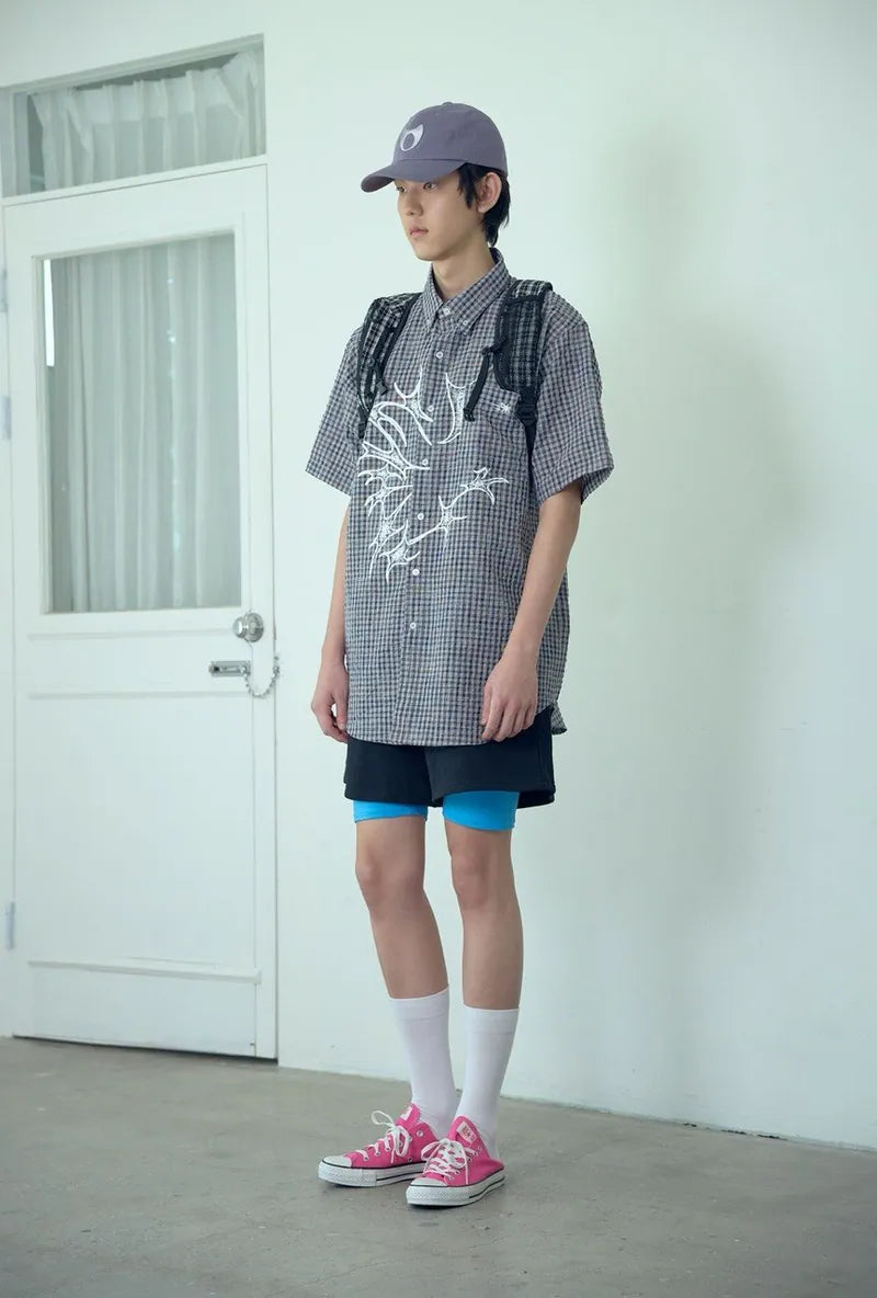 【niceghostclub】tornado star check big big half shirt [ grey / brown ]