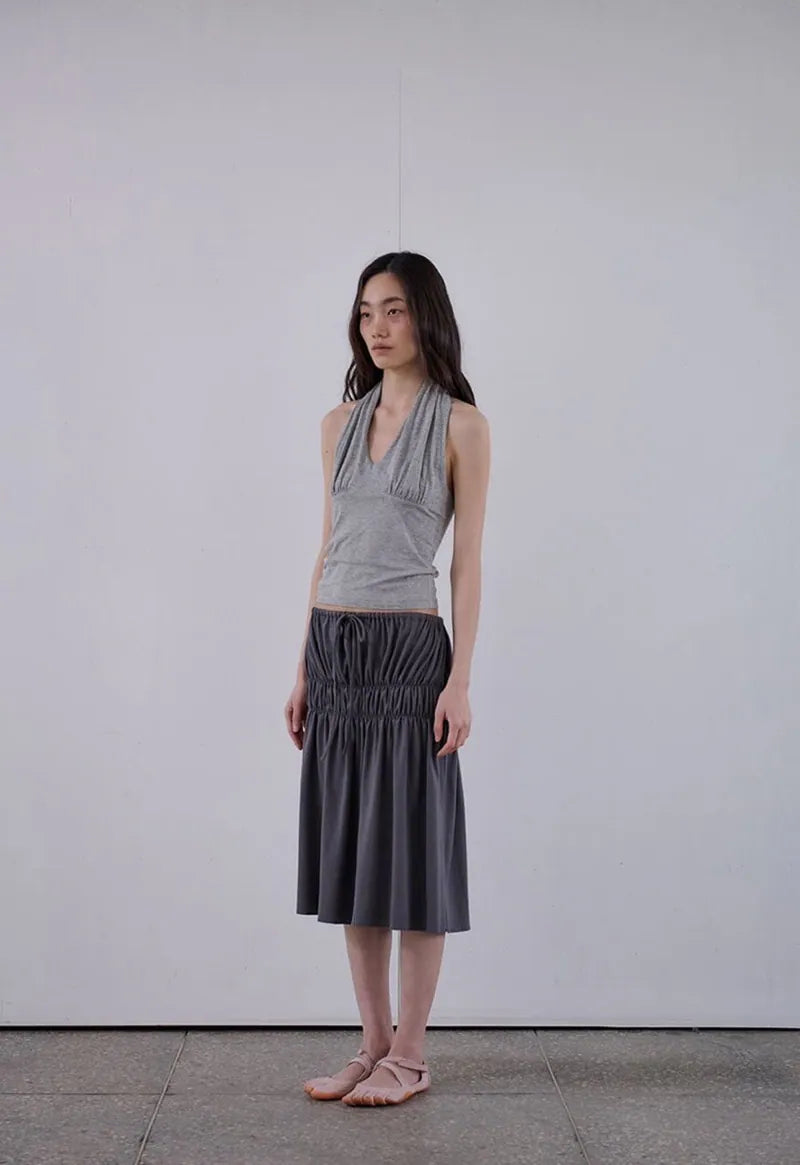 【ORDES】BUTTONED COWL HALTER TOP - GREY / CHARCOAL