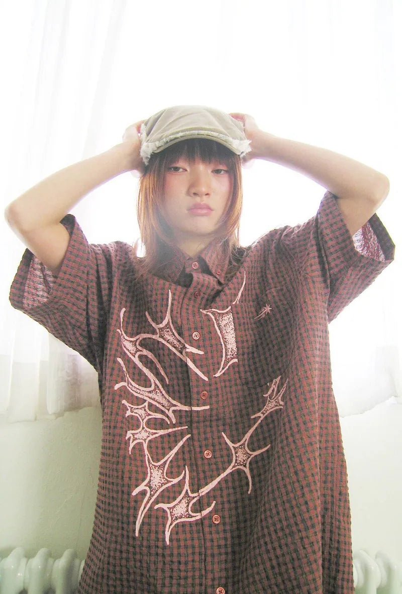 【niceghostclub】tornado star check big big half shirt [ grey / brown ]