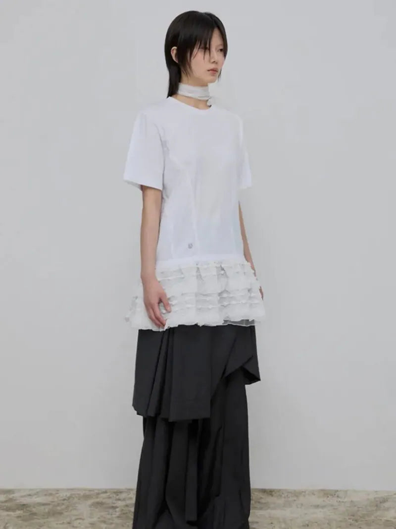 【Flare up】Layered Frill T-Shirt [White / Black]