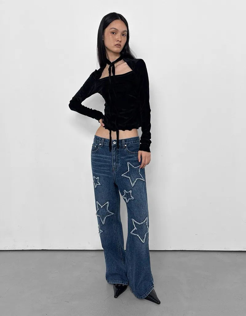 【Polysooem】FRAYED STAR PATCHED JEANS - BLUE