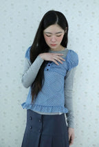 【Uglyshadow】 DOT SHIRRING BLOUSE [ BLACK / BLUE ]