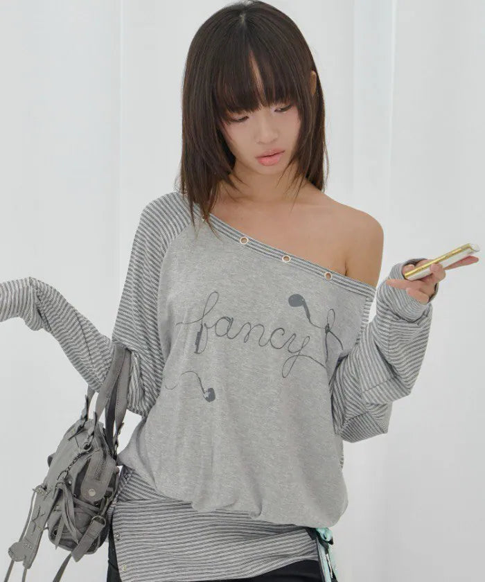 【Fancy Club】DRAWING STRIPE OFF-SHOULDER [Gray / Black]