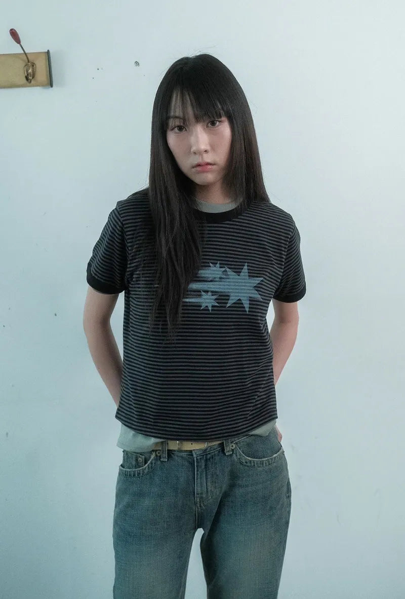 【niceghostclub】 stripe rush 3star ringer crop tee [ black / navy ]