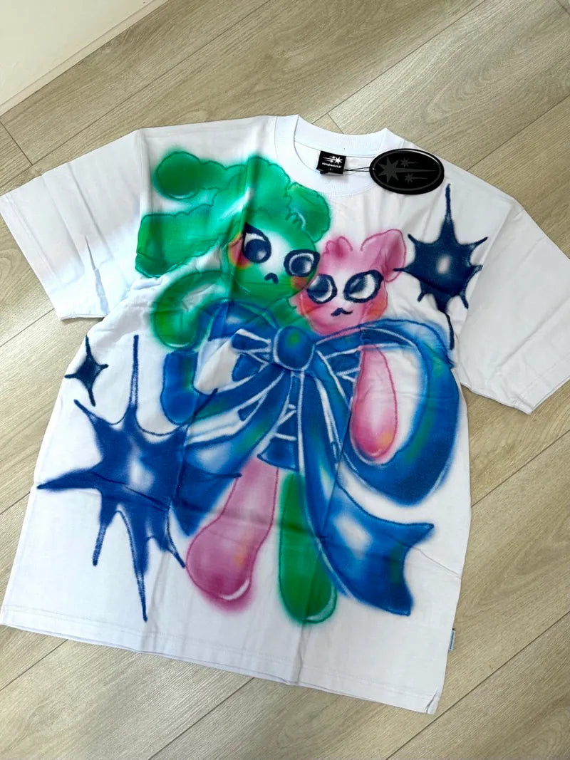 【niceghostclub】bunny bear art big big tee [white / skyblue]
