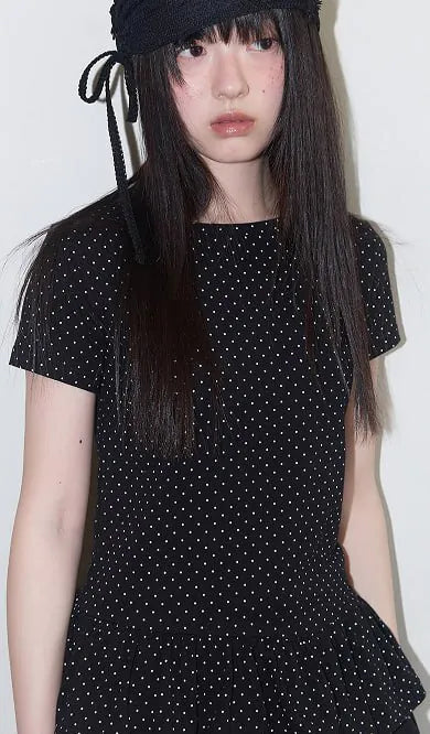 【Fancy Club】FRILL LAYERED DOT TEE [White / Black]