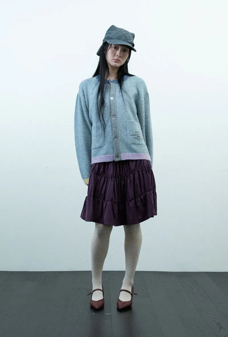 【niceghostclub】COLOR BLOCK KNIT CARDIGAN [GREY / IVORY]