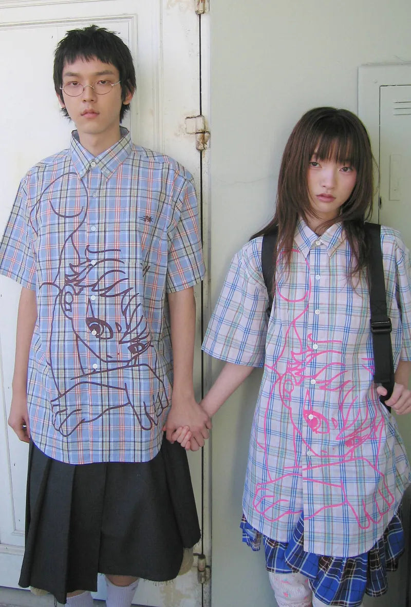 【niceghostclub】angel check big big half shirt [ blue / pink ]