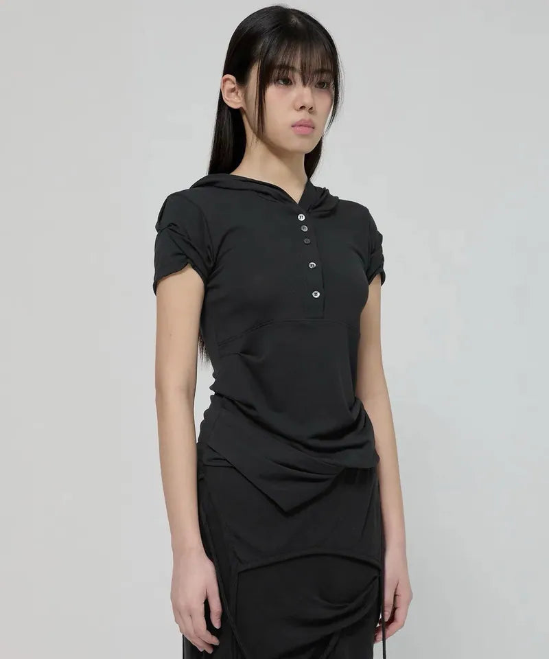 【Flare up】Asymmetrical Draped Hoodie [Black / Gray]