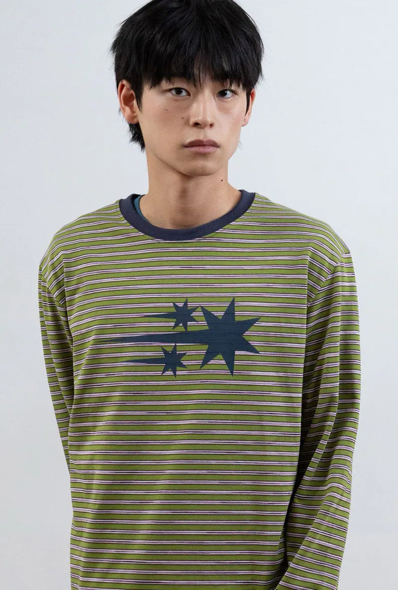 【niceghostclub】 STRIPE 3STAR TEE [ charcoal / green ]