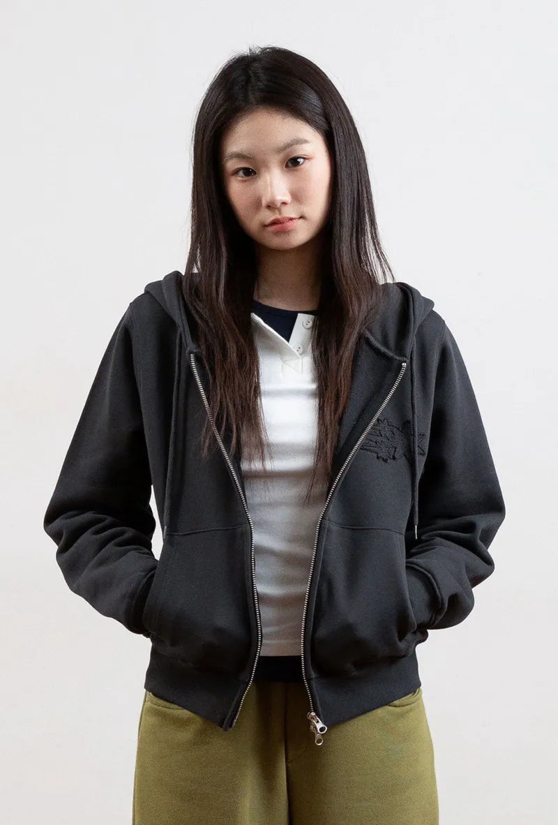 【niceghostclub】3STAR CROP HOODIE ZIP UP [CHARCOAL / PURPLE]