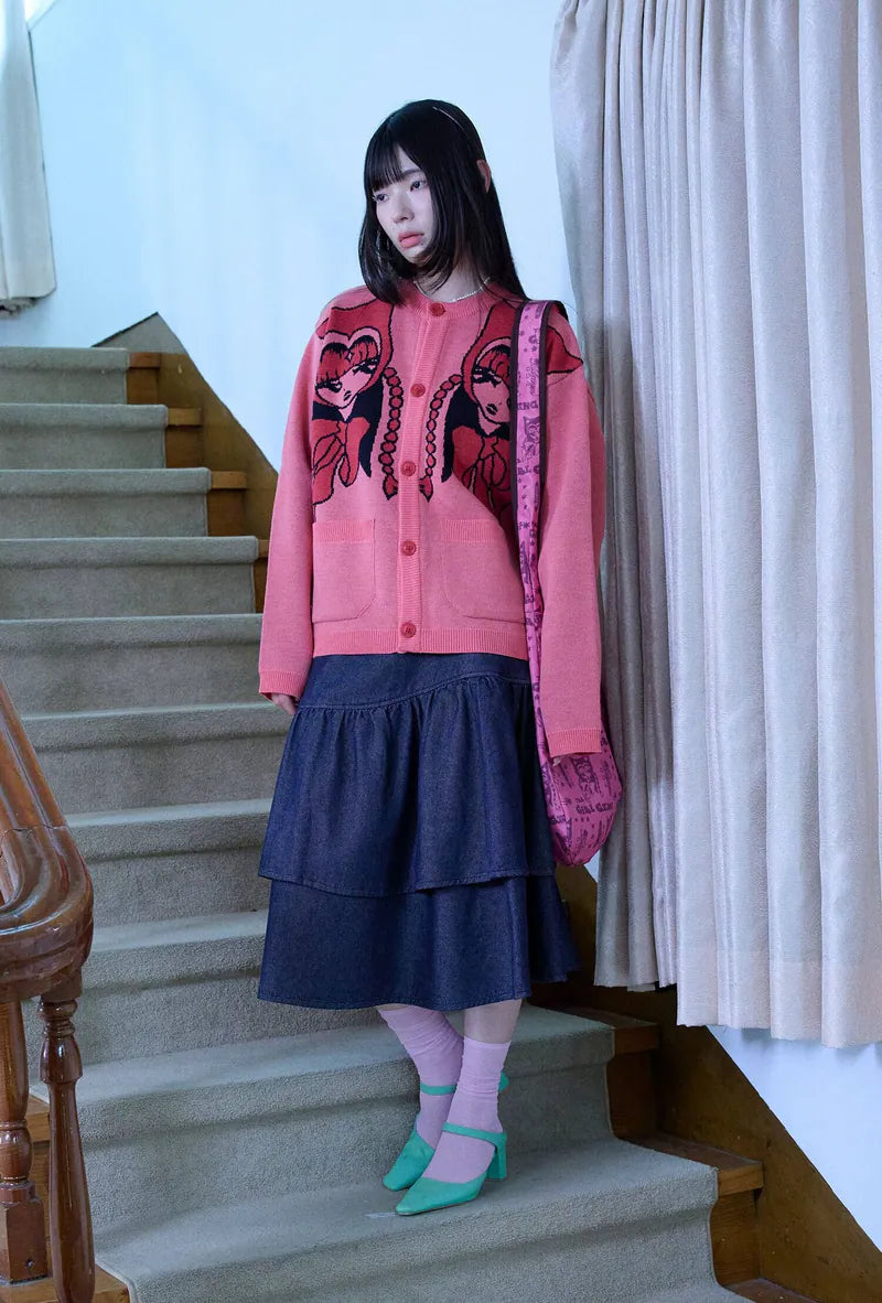 【niceghostclub】devil girl knit cardigan [ pink / charcoal ]