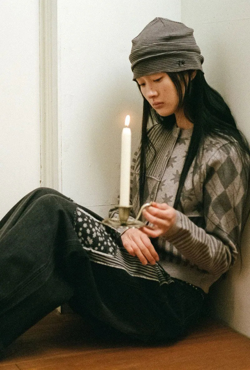 【niceghostclub】PATCHWORK KNIT CARDIGAN [GREY / BEIGE]