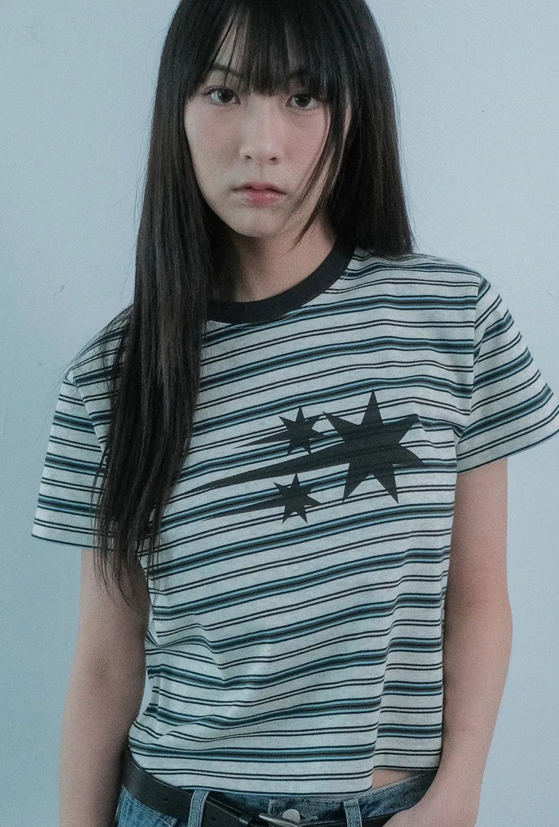 【niceghostclub】  stripe 3star basic tee [ oatmeal / navy ]