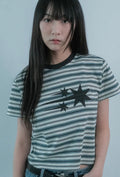 【niceghostclub】  stripe 3star basic tee [ oatmeal / navy ]