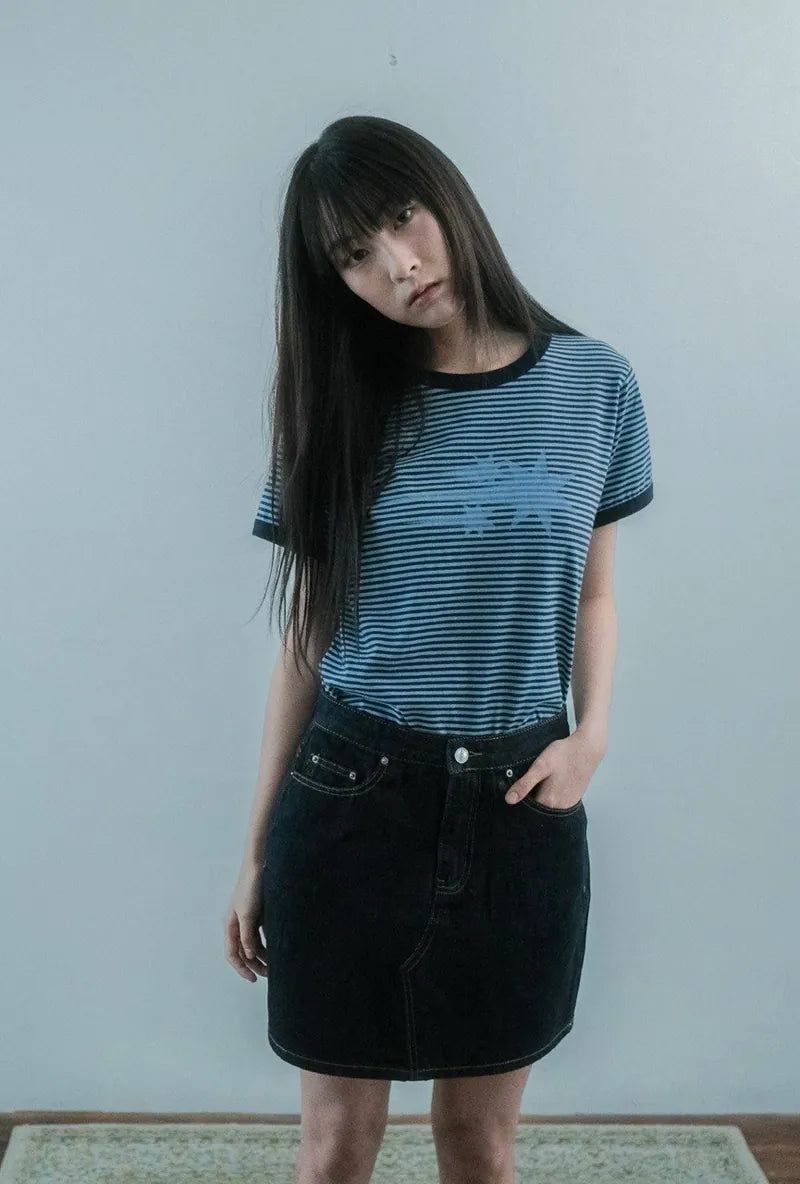 【niceghostclub】 stripe rush 3star ringer crop tee [ black / navy ]