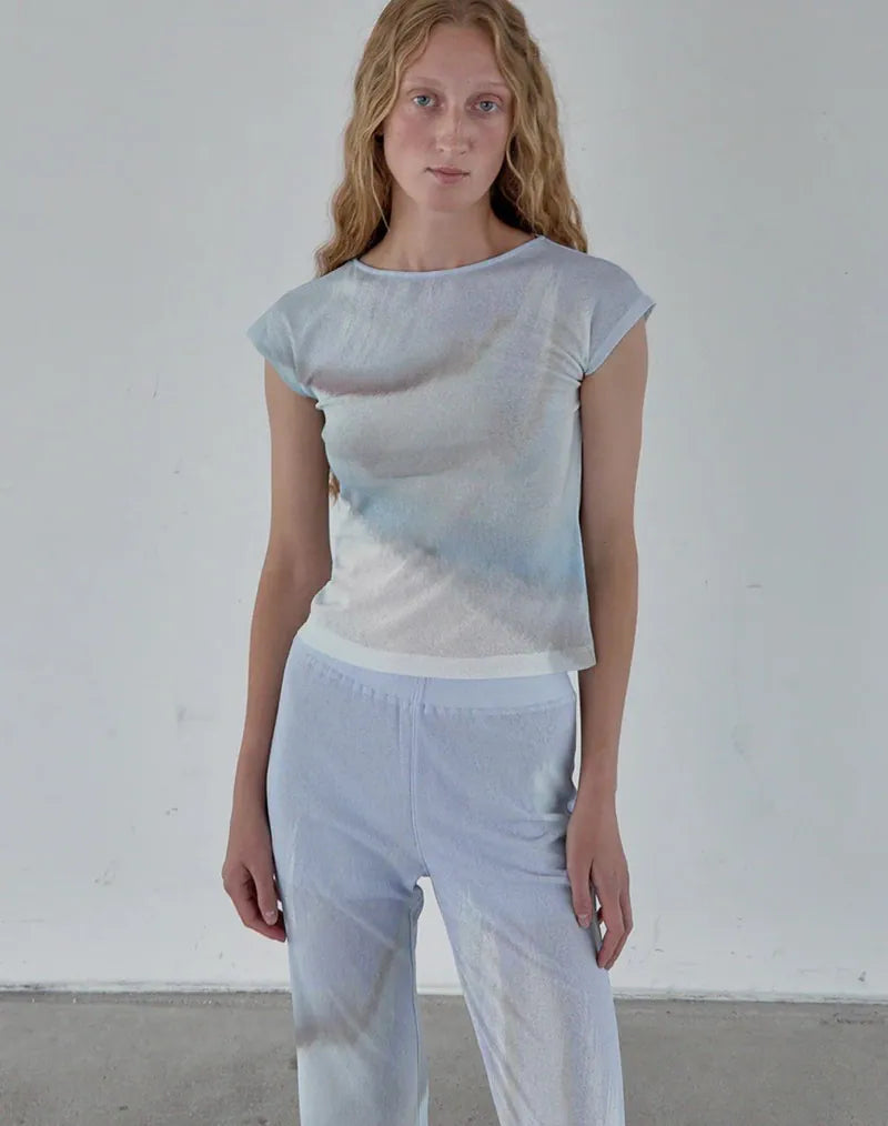 【kijun】Print Cap Sleeve Top [Blue / Charcoal]