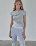 【kijun】Print Cap Sleeve Top [Blue / Charcoal]