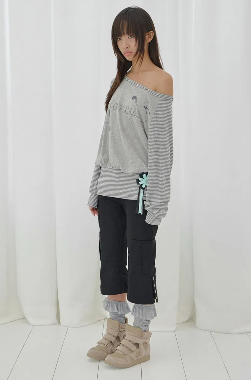 【Fancy Club】DRAWING STRIPE OFF-SHOULDER [Gray / Black]