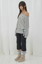 【Fancy Club】DRAWING STRIPE OFF-SHOULDER [Gray / Black]